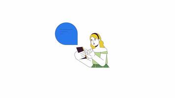 curvilíneo europeo mujer escribe en móvil charla línea 2d personaje animación. comunicación plano color dibujos animados 4k , alfa canal. más tamaño hembra con teléfono inteligente animado persona en blanco antecedentes video