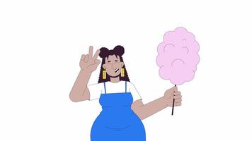 Latina woman with overweight holding cotton candy line 2D character animation. Lifestyle flat color cartoon 4K , alpha channel. Curvy female with sweets animated person on white background video