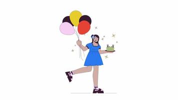 kurvig indisch Frau feiern Geburtstag Linie Karikatur Animation. Urlaub 4k Bewegung Grafik. Süd asiatisch weiblich mit Kuchen und Luft Luftballons 2d linear animiert Charakter isoliert auf Weiß Hintergrund video