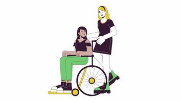 Caucasian woman helping friend with disability line 2D characters animation. Support flat color cartoon 4K , alpha channel. Diverse friends communication animated people on white background video