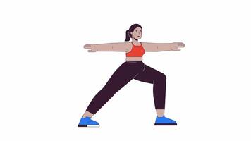 curvilíneo medio oriental mujer formación línea 2d personaje animación. sano vida plano color dibujos animados 4k , alfa canal. rechoncho árabe hembra haciendo yoga animado persona en blanco antecedentes video