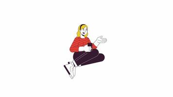 Plus sized caucasian woman sitting with drink line 2D character animation. Body positive flat color cartoon 4K , alpha channel. Plump female resting animated person on white background video