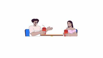 más tamaño amigos a café mesa línea 2d caracteres animación. diverso Pareja plano color dibujos animados 4k , alfa canal. hombre y mujer con exceso de peso animado personas en blanco antecedentes video