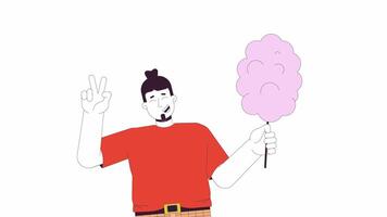 Happy plus sized man holding candy floss line 2D character animation. Body positive flat color cartoon 4K , alpha channel. Plump caucasian male with dessert animated person on white background video