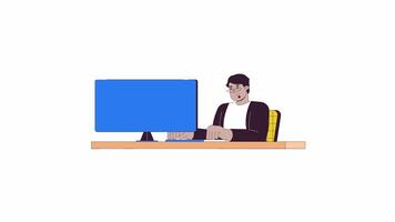 Arab male freelancer with overweight at computer line 2D character animation. Home office flat color cartoon 4K , alpha channel. Plus sized man at pc animated person on white background video