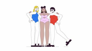 Lycklig kvinnor med plus storlek i badkläder linje tecknad serie animation. kropp positiv 4k rörelse grafisk. raser kurvig kvinna på strand 2d linjär animerad tecken isolerat på vit bakgrund video