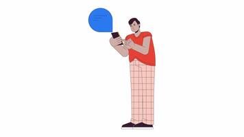 Hindu Mann mit Plus Größe mit Smartphone Linie Karikatur Animation. online Plaudern 4k Bewegung Grafik. indisch männlich mit Übergewicht 2d linear animiert Charakter isoliert auf Weiß Hintergrund video