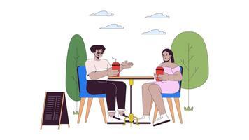 Pareja con más Talla en café línea dibujos animados animación. cuerpo positivo 4k movimiento gráfico. diverso rechoncho personas en al aire libre restaurante 2d lineal animado caracteres aislado en blanco antecedentes video