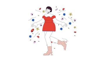 Plus sized asian female running in flowers line cartoon animation. Body positive 4K motion graphic. Korean lady with obesity self love 2D linear animated character isolated on white background video
