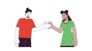 Diverse friends showing heart gesture line 2D characters animation. Love relationship flat color cartoon 4K , alpha channel. Affectionate multiracial couple animated people on white background video