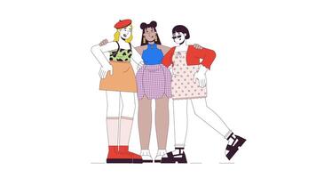 Diverse curvy woman in stylish clothes line cartoon animation. Plus size fashion 4K motion graphic. Plump females friendship 2D linear animated characters isolated on white background video