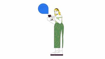 formosa donna sms su smartphone linea cartone animato animazione. comunicazione 4k movimento grafico. caucasico femmina utilizzando mobile Telefono 2d lineare animato personaggio isolato su bianca sfondo video
