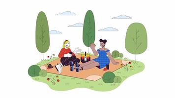 vielfältig Frau mit Plus Größe auf Picknick Linie Karikatur Animation. Leben mit Übergewicht 4k Bewegung Grafik. rundlich Frauen Essen draußen 2d linear animiert Zeichen isoliert auf Weiß Hintergrund video