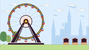 Ferris wheel in amusement park line cartoon animation. Attraction at travelling carnival 4K motion graphic. Funfair ground in garden 2D linear animated scene on landscape background video