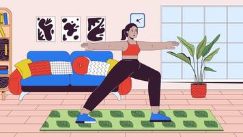 curvilíneo árabe hembra en pie en yoga asana línea dibujos animados animación. activo estilo de vida 4k movimiento gráfico. mujer con más Talla hacer ejercicio 2d lineal animado personaje en interior antecedentes video