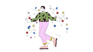rundlich japanisch Mann Laufen im Blumen Linie Karikatur Animation. selbst Liebe 4k Bewegung Grafik. glücklich asiatisch männlich mit Plus Größe 2d linear animiert Charakter isoliert auf Weiß Hintergrund video