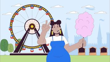 Big boned latina woman with cotton candy line cartoon animation. Visiting theme park 4K motion graphic. Happy hispanic female at fair 2D linear animated character on landscape background video