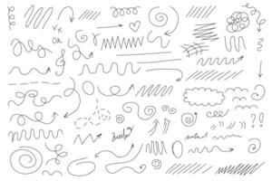 Do-it-yourself strokes with marker and pencil. Marker lines, pencil stripes, highlighting elements, illustrations of permanent markers in the form of checkmarks, hearts, arrows in different directions vector