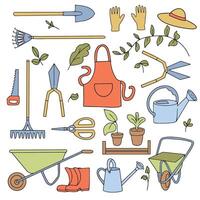 Large set of garden tools in doodle style. Watering can, hoe, bucket, hose, pitchfork, shovel, wheelbarrow, trowel, pruning shears, tree seedling, garden fork, rake and other linear icons. vector