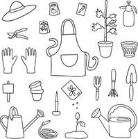 Large set of garden tools in doodle style. Watering can, hoe, bucket, hose, pitchfork, shovel, wheelbarrow, trowel, pruning shears, tree seedling, garden fork, rake and other linear icons. vector