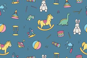 Seamless pattern in doodle style from children's toys. Bright toys in doodle style. illustration vector