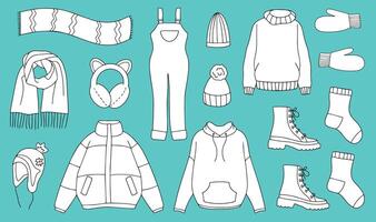 Warm autumn-winter clothes. collection of autumn-winter clothes. sketch icon isolated on blue. Seasonal design elements. . illustration vector