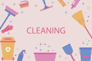 A set of equipment for cleaning a garbage can, a bucket, a basin, a broom, gloves, a brush, a sponge, a spray gun, a sign, carefully wet the floor. illustration isolated on white background. vector