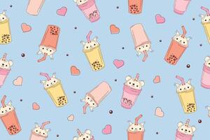 Bubble milk tea funny seamless pattern. Hand drawn kawaii smiled drinks with tapioca pearls. Cute cartoon illustration. Colorful background with ice tea characters. illustration vector