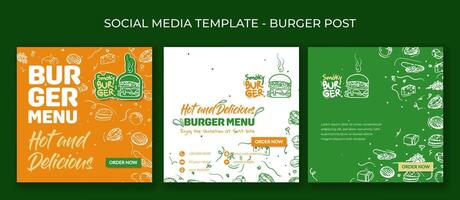 Set of social media post template design with smoky burger design and hand drawn of burger ingredients background in orange, white and green design vector