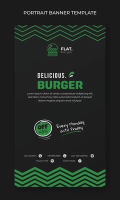 Portrait banner template in gradient black design with simple green pattern background for street food advertising design