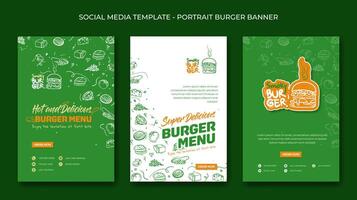 Portrait social media post template with simple hand drawn of burger ingredients in green white background design. Template design for food and beverage advertisement design vector