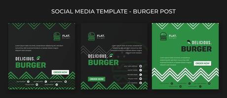 Set of social media post template with black and green background design for burger or fast food advertisement vector