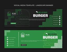 Landscape banner template in black and green background design with simple pattern and flat burger design for fast food advertising campaign vector