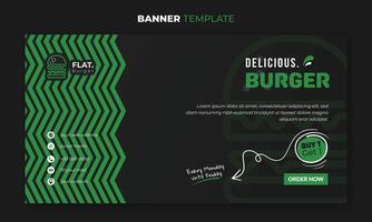 Banner template in black background with simple pattern and flat burger design for street food advertising campaign vector