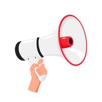 Hand hold megaphone speaker for announce. Attention please. Shouting people, advertisement speech symbol. vector