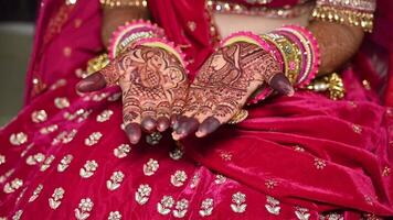mooi bruid tonen haar bruids mehndi henna- ontwerp Aan handen vervelend een mooi helder Lehenga levendig en voortreffelijk Lehenga Indisch bruid video