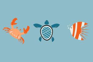 Marine set of sea animals. Turtle, crab and fish. Flat illustration vector