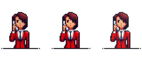 Pixel Art Character Holding Phone Wearing Red Suit with Tie, Office Worker. vector
