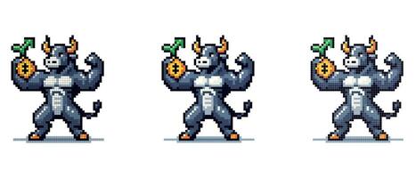 A pixelated bull with a bag of gold, symbolizing the strength and growth of the market. vector