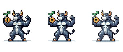 un pixelado toro con un bolso de oro, simbolizando el fuerza y crecimiento de el mercado. vector