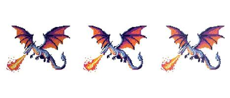 Pixel dragon breathing fire with blue body and wings. vector