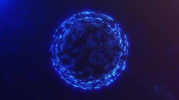 Abstract glowing blue digital sphere of lines and dots on dark particle background. Shiny futurictic sci fi energy magic orb with energy and electricity force field. 4k 60fps looped backdrop. video