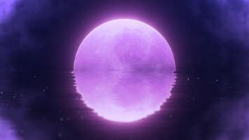 Abstract futuristic fantasy digital landscape background. Reflection of rotating planet with stars on the surface of water. Glowing purple fog and bright neon particles. 4k 60fps looped backdrop. video