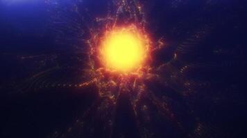 abstract digitaal sci-fi gouden gloeiend tunnel van energie deeltjes Aan donker achtergrond. vliegend door een schijnend wormhole in de ruimte van golven en fractals. 4k 60 fps lusvormige achtergrond. video