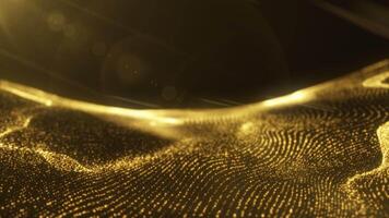 Abstract flow of glowing golden waves of particles on dark background. Bright rays, digital landscape, virtual reality, defocused texture, futuristic curves lines. 4k 60fps looped backdrop. video