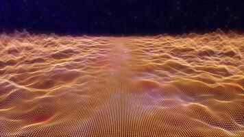 abstrait numérique paysage de embrasé Orange or écoulement vagues sur une foncé Contexte. en volant par fantaisie brillant mer de énergie particules. 4k 60 ips magique futuriste salut-technologie toile de fond. video