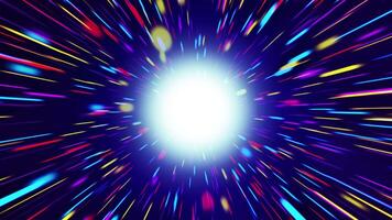 flygande genom lysande hyperspace på hög fart. en flerfärgad maskhål av stjärnor susar förbi, rader mot en mörk bakgrund. ljus på de slutet av de tunnel. 4k 60 fps looped video