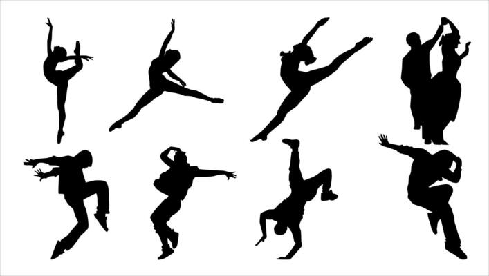 Silhouette of ballet, breakdance, and couple dancing