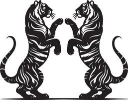 two tigers on their hind legs, black color silhouette vector