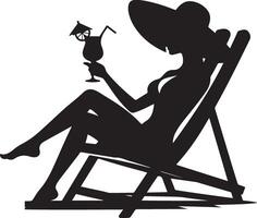 A Woman Relaxing on a Beach Chair with Drink, black color silhouette vector